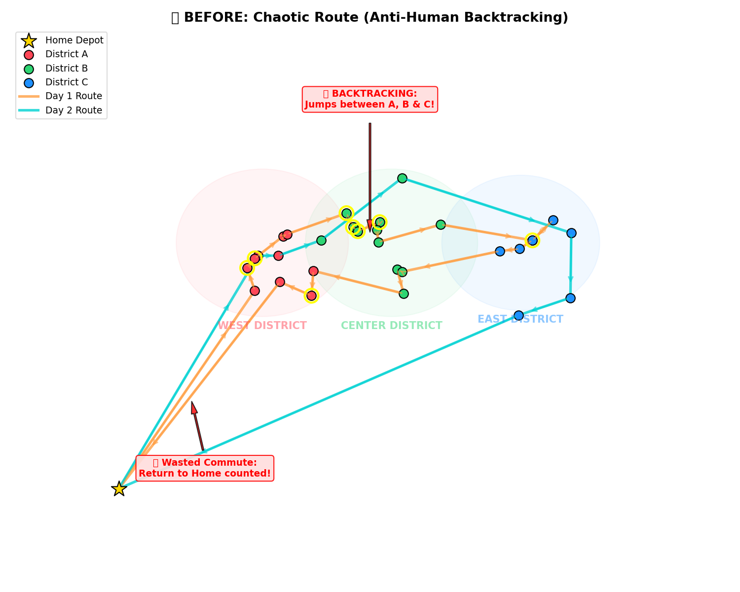 Baseline route: chaotic criss-crossing paths across the city